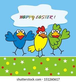 three birds, happy easter, vector funny icon, postcard