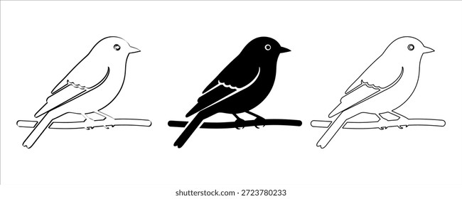 Tres pájaros en el sistema de la rama con el cepillo dibujado a mano y los estilos del contorno