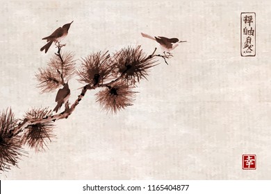 Three birds on pine tree branch. Traditional oriental ink painting sumi-e, u-sin, go-hua on vintage background. Hieroglyphs - zen, freedom, nature. happiness