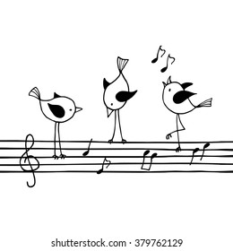 Three birds on the stave with treble clef and notes. Contour vector image, isolated on white.