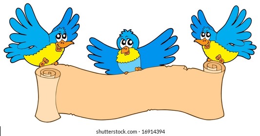Tres aves con pergamino - ilustración vectorial.