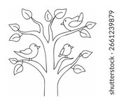 Three birds perched on a simple tree branches leaves