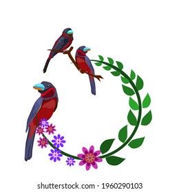 Three birds perched over branches that bend in a circular shape.With flowers on the branches.Floral wreath with leaves for wedding and holiday. Decorative elements for design.Vector illustration.