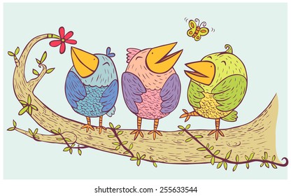 three birds relax on tree cartoon illustration vector