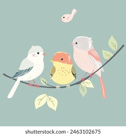 Three birds sits on the tree branch vector illustration, design element for greeting card, poster, banner and flyer