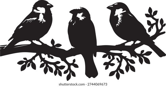 Three Birds Sitting on Tree Branch Silhouette