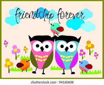 three birds and two owl friendship forever card design with sunshine, flower, garden