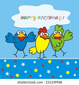 three birds,happy birthday, postcard, blue background, vector illustration