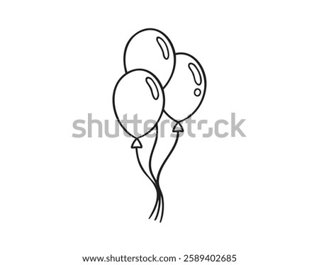 three birthday balloons doodle hand drawn icon. Outline drawing three birthday balloons line clipart symbol. Vector illustration