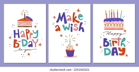 Three Birthday cards or banners with cake, cupcake and hand drawn lettering.