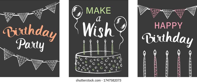Three birthday related postcards on blackboard like background