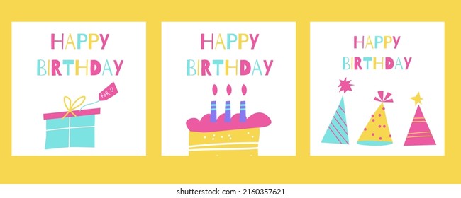 Three Birthday square Cards on a yellow background