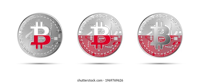 Three Bitcoin crypto coins with flag of Poland. Money of the future. Modern cryptocurrency vector illustration