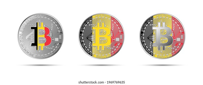 Three Bitcoin crypto coins with flag of Belgium. Money of the future. Modern cryptocurrency vector illustration