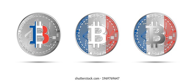 Three Bitcoin crypto coins with flag of France. Money of the future. Modern cryptocurrency vector illustration