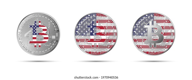 Three Bitcoin crypto coins with the flag of USA. Money of the future. Modern cryptocurrency vector illustration