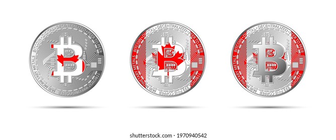 Three Bitcoin crypto coins with the flag of Canada. Money of the future. Modern cryptocurrency vector illustration