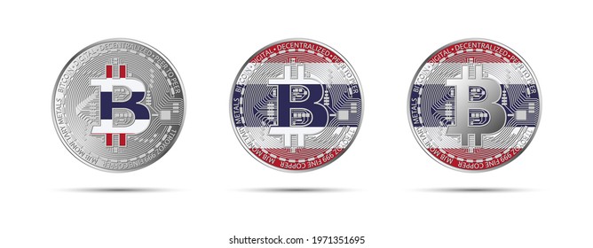 Three Bitcoin crypto coins with the flag of Thailand. Money of the future. Modern cryptocurrency vector illustration