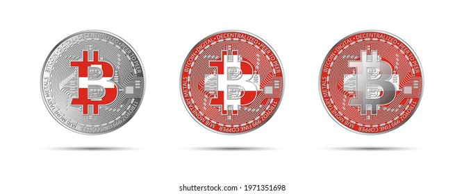 Three Bitcoin crypto coins with the flag of Switzerland. Money of the future. Modern cryptocurrency vector illustration