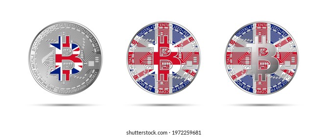 Three Bitcoin crypto coins with the flag of Great Britain. Money of the future. Modern cryptocurrency vector illustration