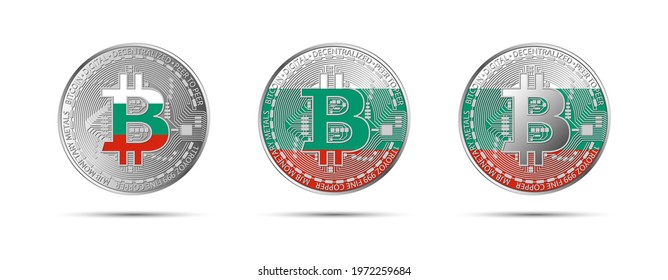 Three Bitcoin crypto coins with the flag of Bulgaria. Money of the future. Modern cryptocurrency vector illustration