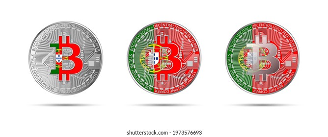 Three Bitcoin crypto coins with the flag of Portugal. Money of the future. Modern cryptocurrency vector illustration