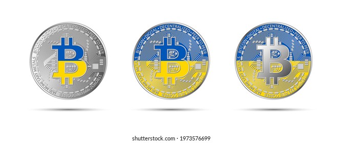 Three Bitcoin crypto coins with the flag of Ukraine. Money of the future. Modern cryptocurrency vector illustration