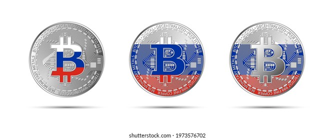 Three Bitcoin crypto coins with the flag of Russia. Money of the future. Modern cryptocurrency vector illustration