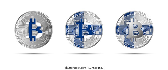 Three Bitcoin crypto coins with the flag of Finland. Money of the future. Modern cryptocurrency vector illustration