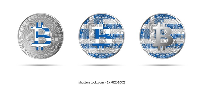 Three Bitcoin crypto coins with the flag of Greece. Money of the future. Modern cryptocurrency vector illustration