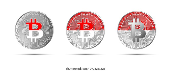Three Bitcoin crypto coins with the flag of Indonesia. Money of the future. Modern cryptocurrency vector illustration