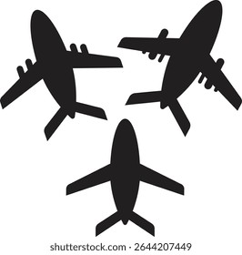 Three black airplane silhouettes arranged in a triangular pattern on a white background, representing travel, aviation, and transportation.