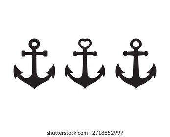 Drei schwarze Anker Symbole eins mit Herz-Form nautischen maritimen