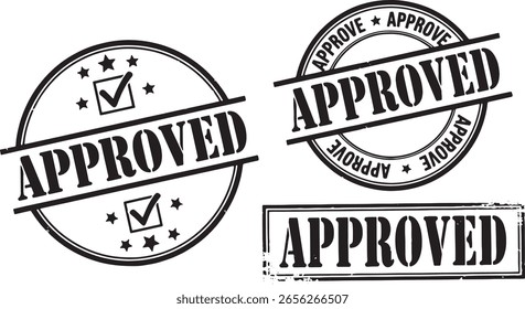 Three Black Approved Stamps With Checkmarks And Stars