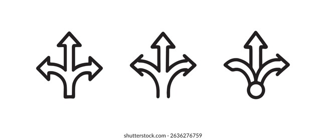 Three black arrow direction icons with varied designs on white background.