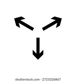 Three black arrows diverging outwards from a central point, symbolizing choice, distribution, expansion, multi-directional flow map.