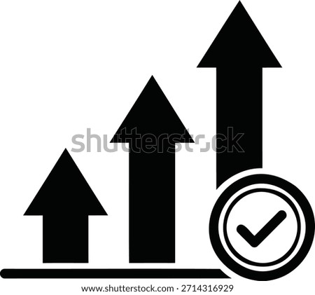 Three black arrows of increasing size pointing upwards with a checkmark in a circle on a white background, simple vector graphic