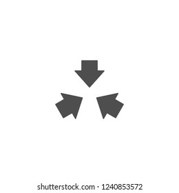Three black arrows point to the center. Triple Collide Arrows icon. Merge Directions icon. Vector illustration. Isolated on white. 