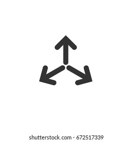 Three black arrows point out from the center. Expand Arrows icon. Outward Directions icon. Vector illustration. Isolated on white. black and white