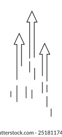 Three black arrows point upwards with dashed lines underneath. Ideal for growth, progress, success, upward movement, business advancement. Simple, minimal, black and white vector style.