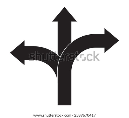 Three black arrows pointing in different directions indicating choices and paths. A graphic symbol representing multiple directions or choices, with one arrow going straight and two branching off to the sides