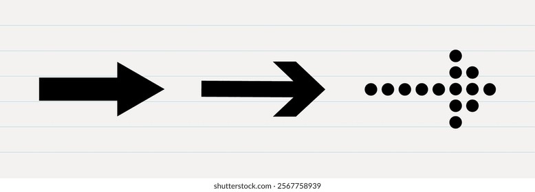 Three black arrows pointing right. Bold arrow, thin arrow, dotted arrow. Directional symbols, arrows for navigation, arrows for design. Simple arrow icons. Graphic element set. Vectors.