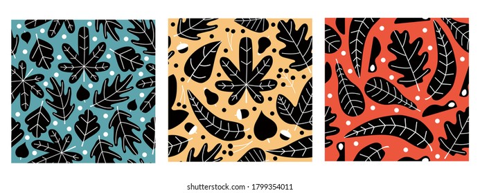 Three black autumn pattern with leaves maple, mountain ash, oak, birch.Various veined leaves . Vector illustration. For wallpaper, gift paper, pattern fill, web page background, autumn greeting cards.