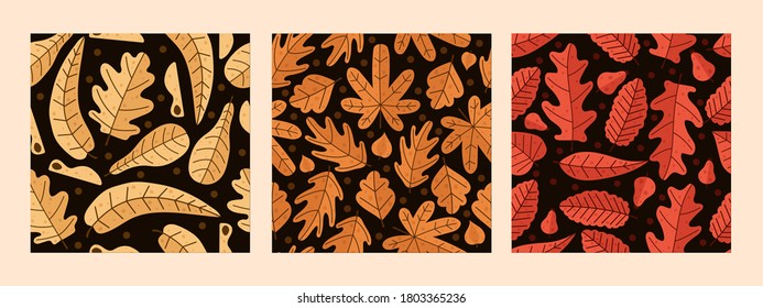 Three black autumn pattern with leaves maple, mountain ash, oak, birch.Various veined leaves . Vector illustration. For wallpaper, gift paper, pattern fill, web page background, autumn greeting cards.