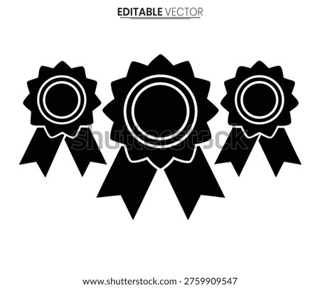 Three black award ribbons with circular emblems a distinct silhouette