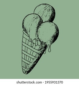 Three black balls of ice cream in a black waffle cone in doodle style isolated on a green background. Sketch. Hand Drawn.	