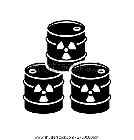 Three black barrels with radioactive warning symbols stacked together, indicating nuclear waste storage or disposal.