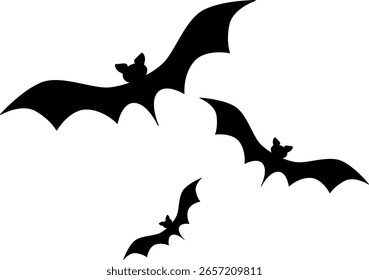 three black bat silhouettes flying across a white background. 