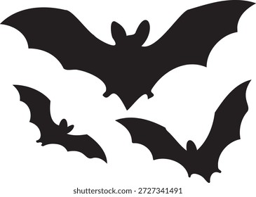 Tres murciélagos negros en vuelo contra un fondo blanco, creando una espeluznante silueta de Halloween.