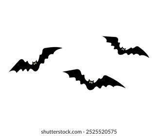 Three black bats with glowing yellow eyes hover against a white background, their wings spread wide in flight. For Halloween decoration or themed design.